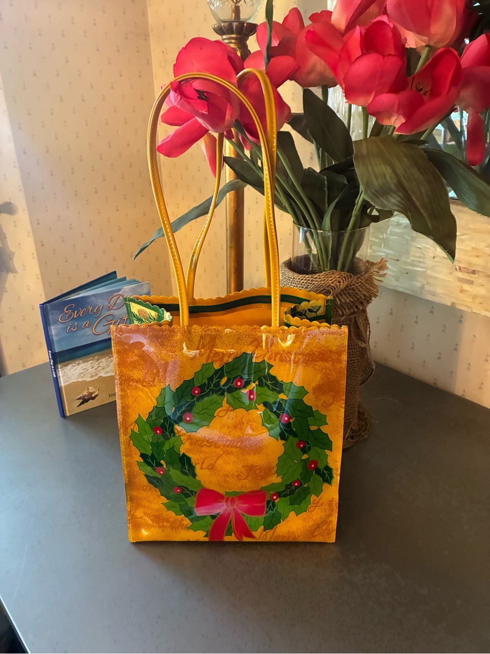 Liz Claiborne, NEW NEVER USED plastic, vinyl CHRISTMAS mini tote bag.